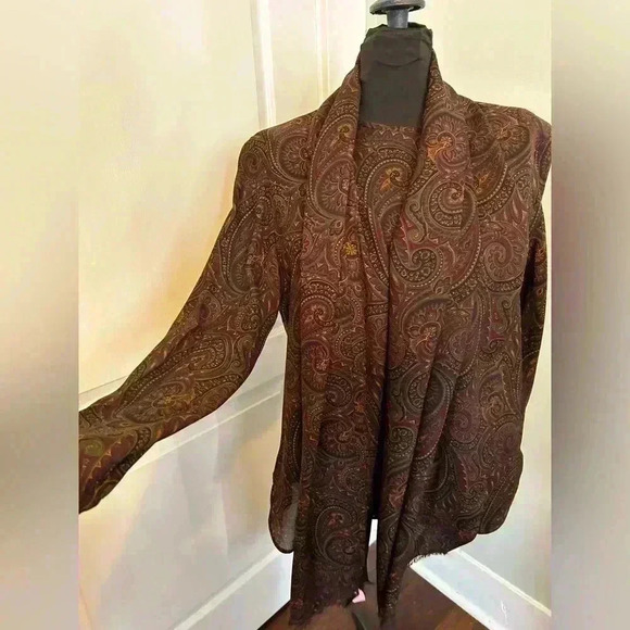 Ciao Sport Vintage Womens 8 Silk Brown Paisley‎ Scarf Long Sleeve Button Blouse - Picture 4 of 14